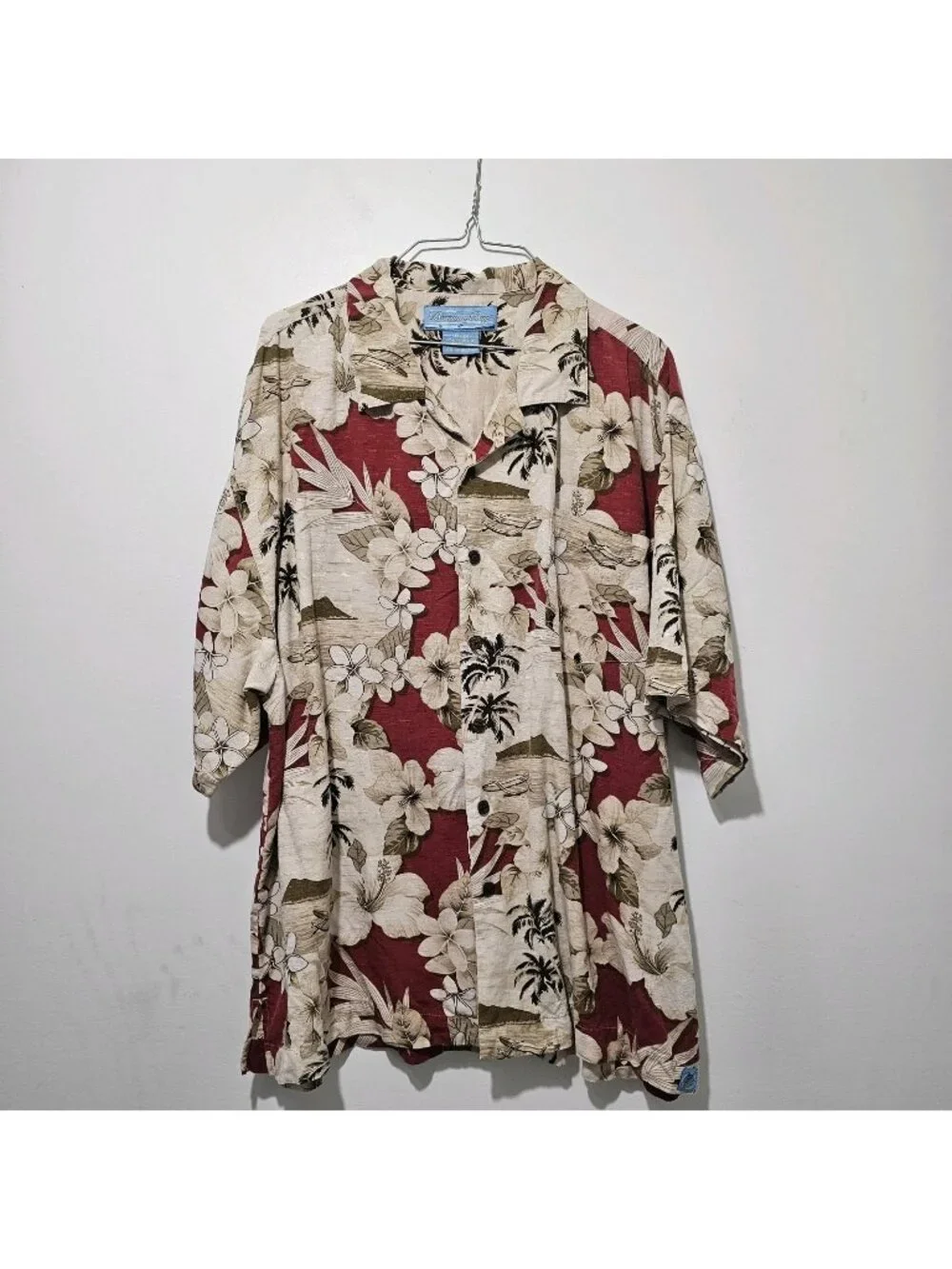 BERMUDA BAY Men's Hawaiian Shirt Size XXL Red Beige Btn Dwn Hibiscus Palms Print